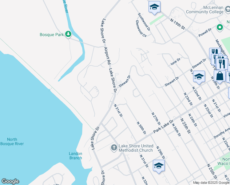 map of restaurants, bars, coffee shops, grocery stores, and more near 2810 Stewart Drive in Waco