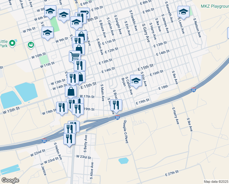 map of restaurants, bars, coffee shops, grocery stores, and more near 1649 South Bruce Avenue in Monahans