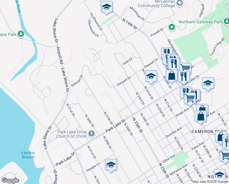 map of restaurants, bars, coffee shops, grocery stores, and more near 4108 N 25th St in Waco