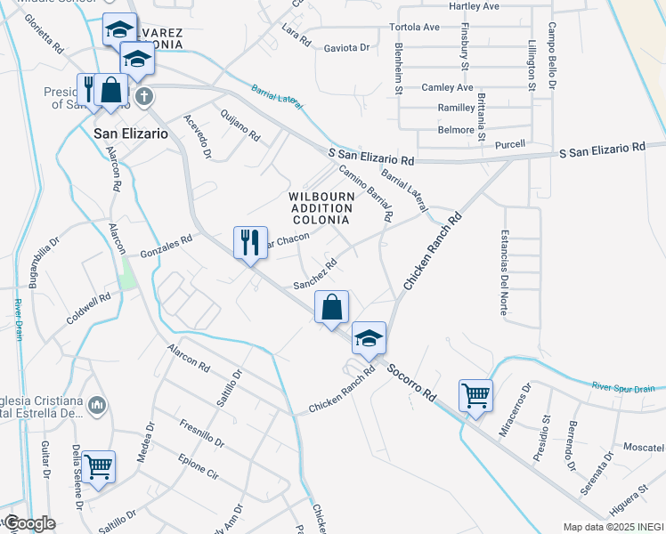 map of restaurants, bars, coffee shops, grocery stores, and more near 10681 Sanchez Road in San Elizario