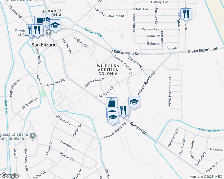 map of restaurants, bars, coffee shops, grocery stores, and more near 10681 Sanchez Road in San Elizario