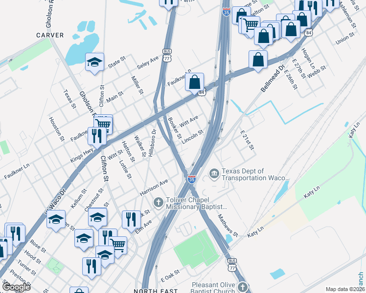 map of restaurants, bars, coffee shops, grocery stores, and more near 1820 Victor Street in Waco