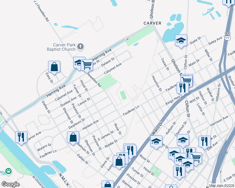 map of restaurants, bars, coffee shops, grocery stores, and more near 1601 J J Flewellen Road in Waco