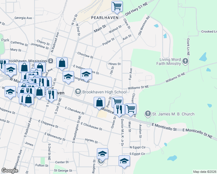 map of restaurants, bars, coffee shops, grocery stores, and more near 500 East Congress Street in Brookhaven