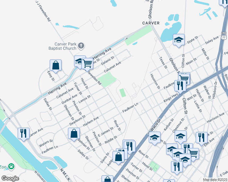 map of restaurants, bars, coffee shops, grocery stores, and more near 1601 J J Flewellen Road in Waco