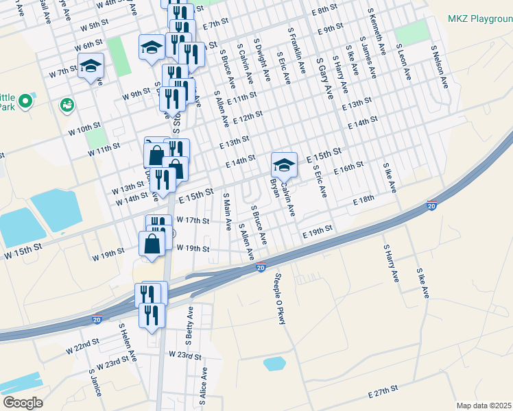 map of restaurants, bars, coffee shops, grocery stores, and more near 1649-1699 South Bruce Avenue in Monahans