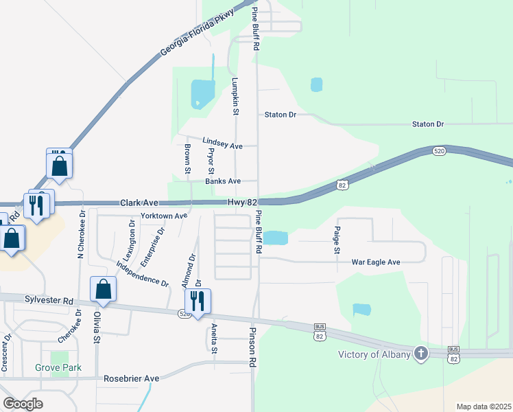 map of restaurants, bars, coffee shops, grocery stores, and more near 203 Pine Bluff Rd in Albany