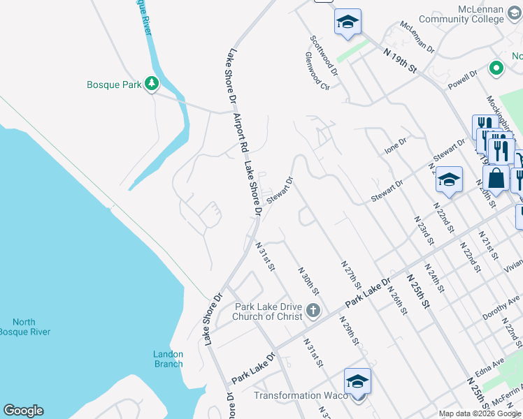 map of restaurants, bars, coffee shops, grocery stores, and more near 2912 Stewart Drive in Waco