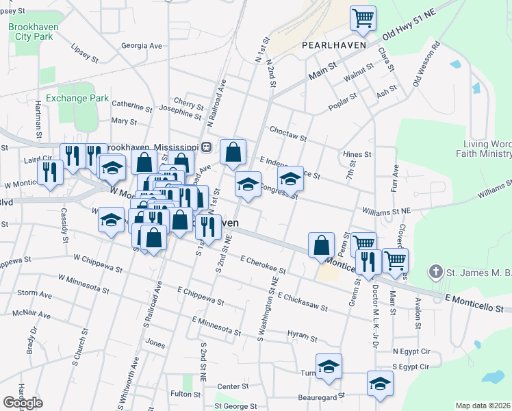 map of restaurants, bars, coffee shops, grocery stores, and more near 325 East Court Street in Brookhaven