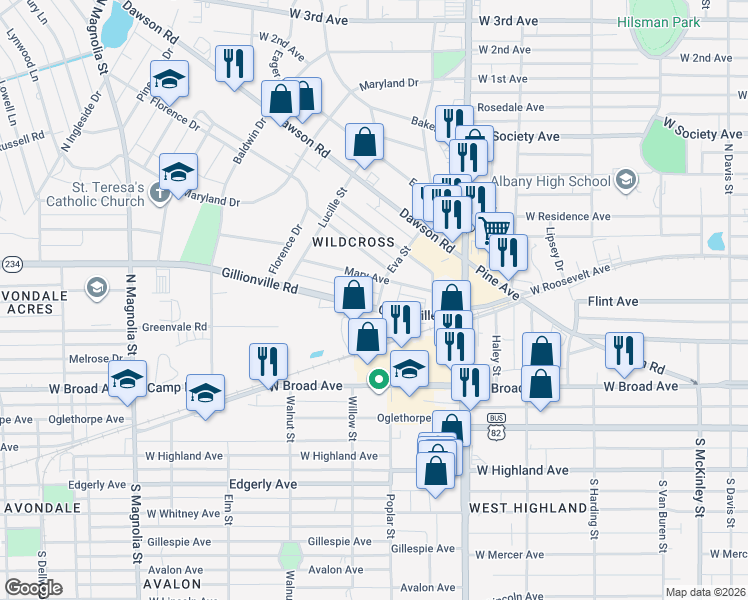 map of restaurants, bars, coffee shops, grocery stores, and more near 1162-1222 Gillionville Road in Albany