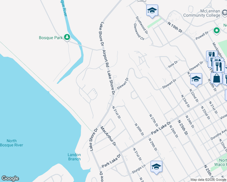 map of restaurants, bars, coffee shops, grocery stores, and more near 2798 Stewart Drive in Waco