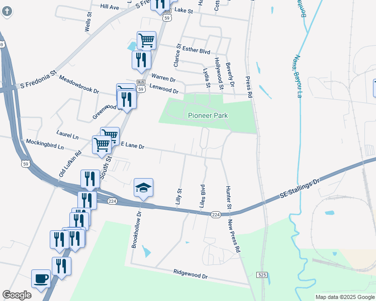 map of restaurants, bars, coffee shops, grocery stores, and more near 618 East Lane Drive in Nacogdoches