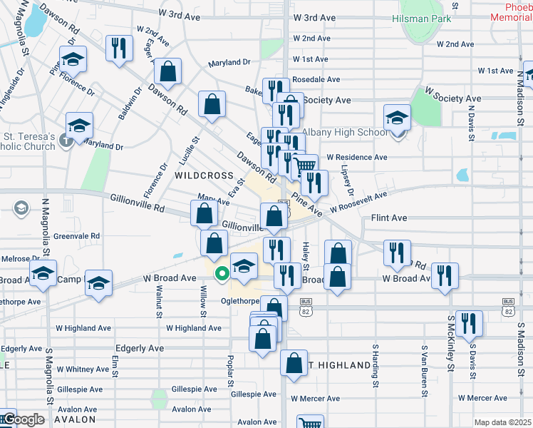 map of restaurants, bars, coffee shops, grocery stores, and more near 325 North Slappey Boulevard in Albany