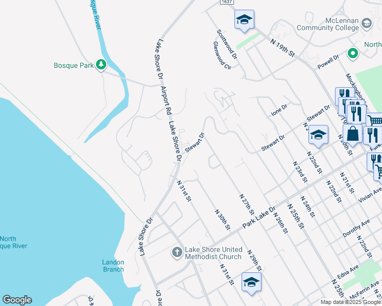 map of restaurants, bars, coffee shops, grocery stores, and more near 2808 Stewart Drive in Waco