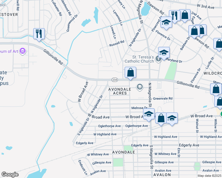 map of restaurants, bars, coffee shops, grocery stores, and more near 1821 Samford Avenue in Albany