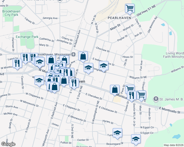 map of restaurants, bars, coffee shops, grocery stores, and more near 325 East Court Street in Brookhaven