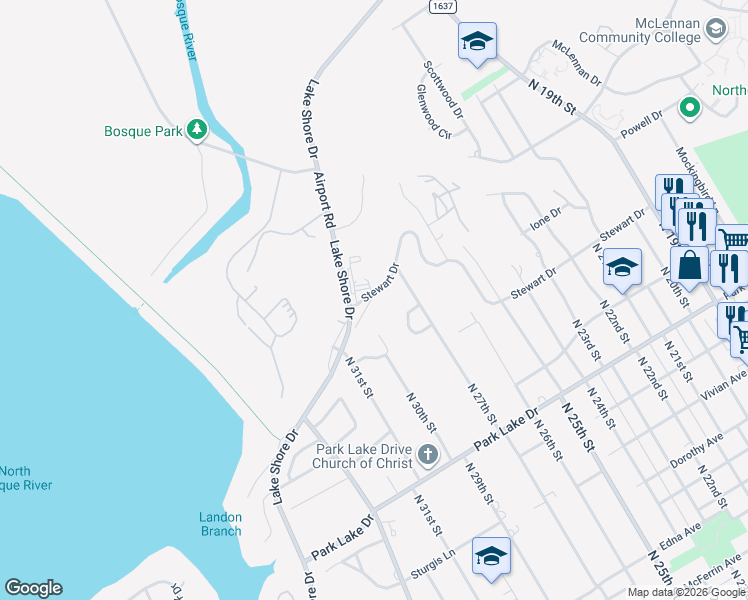 map of restaurants, bars, coffee shops, grocery stores, and more near 2800 Lake Shore Drive in Waco