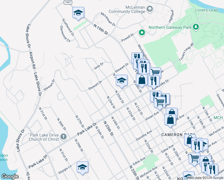 map of restaurants, bars, coffee shops, grocery stores, and more near 3920 North 21st A Street in Waco