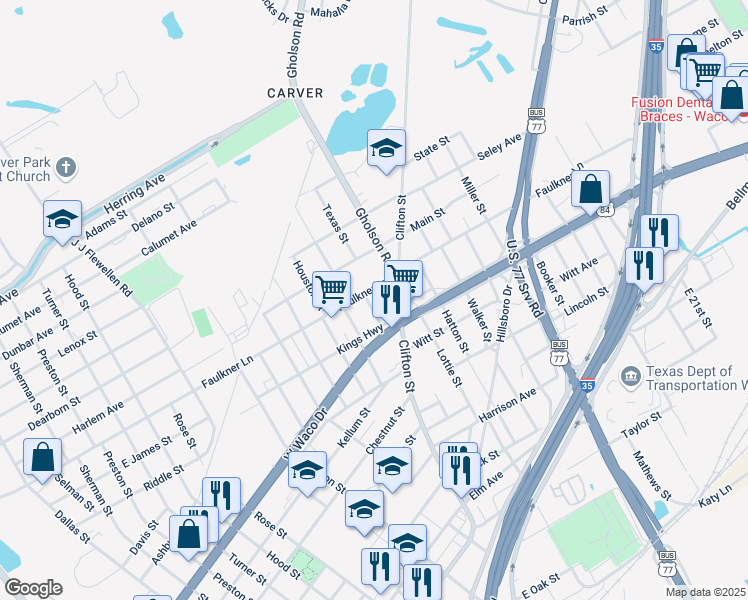map of restaurants, bars, coffee shops, grocery stores, and more near 1400 Faulkner Lane in Waco