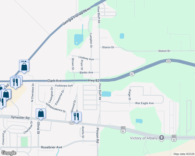 map of restaurants, bars, coffee shops, grocery stores, and more near 203 Pine Bluff Road in Albany