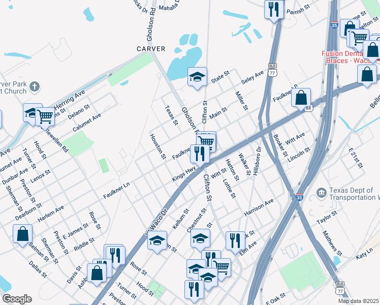 map of restaurants, bars, coffee shops, grocery stores, and more near 1400 Faulkner Lane in Waco