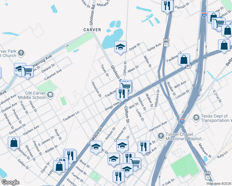 map of restaurants, bars, coffee shops, grocery stores, and more near 925 Burgan Street in Waco
