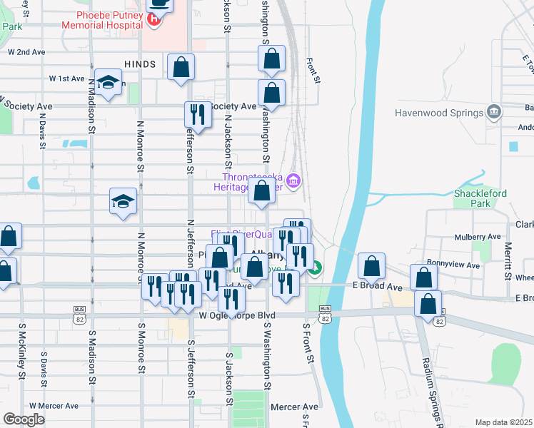 map of restaurants, bars, coffee shops, grocery stores, and more near 310 North Washington Street in Albany