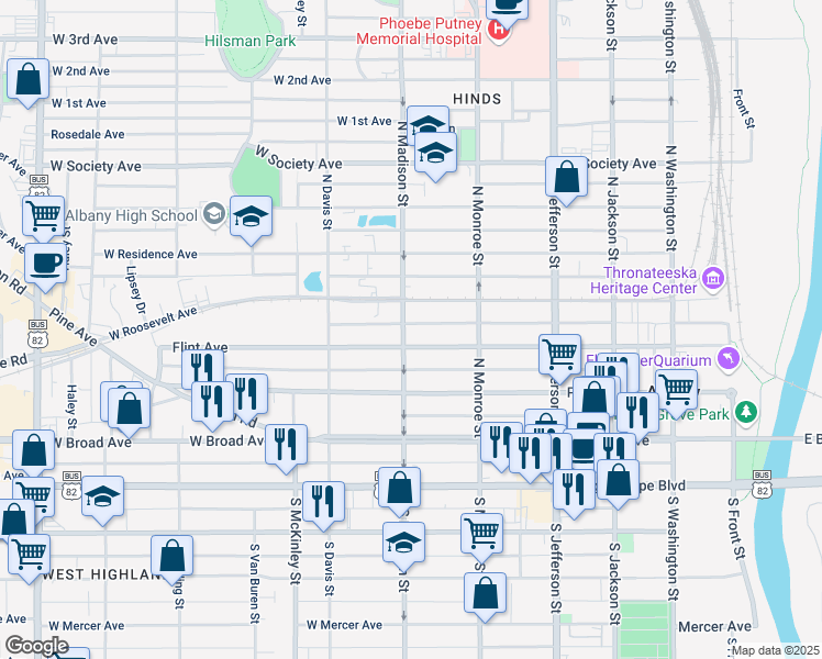 map of restaurants, bars, coffee shops, grocery stores, and more near 353-399 N Madison St in Albany