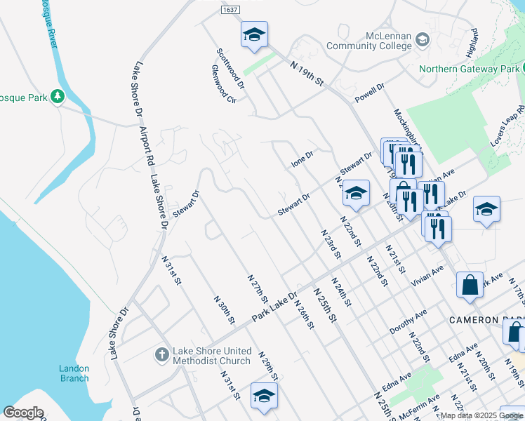 map of restaurants, bars, coffee shops, grocery stores, and more near 2505 Stewart Drive in Waco