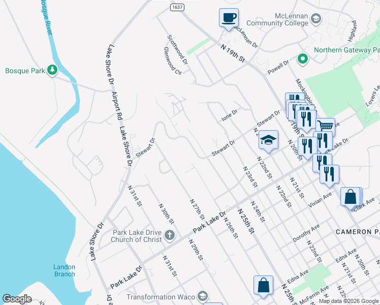 map of restaurants, bars, coffee shops, grocery stores, and more near 2520 Stewart Drive in Waco