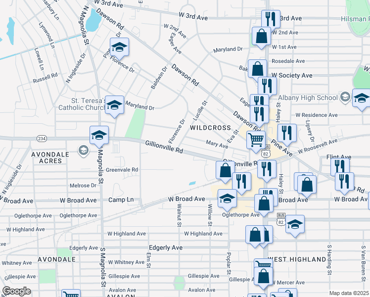 map of restaurants, bars, coffee shops, grocery stores, and more near 1150 Mary Avenue in Albany
