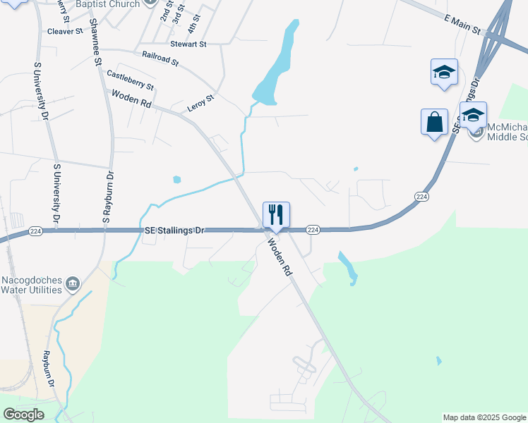 map of restaurants, bars, coffee shops, grocery stores, and more near 2433 Woden Road in Nacogdoches