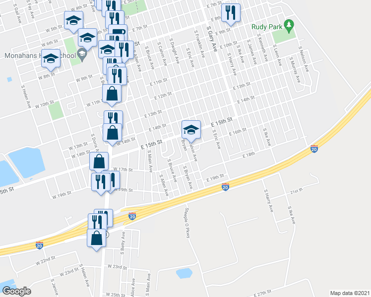 map of restaurants, bars, coffee shops, grocery stores, and more near 1598 Bryan in Monahans