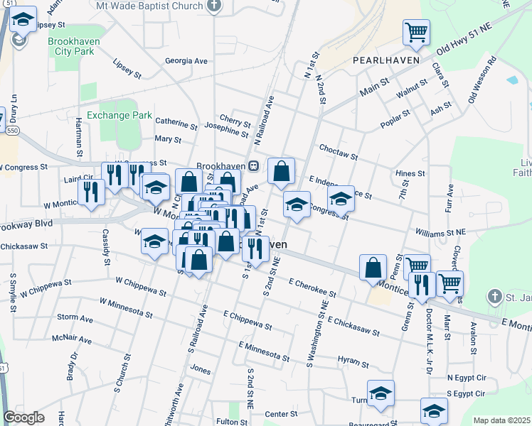 map of restaurants, bars, coffee shops, grocery stores, and more near 200 North 1st Street in Brookhaven