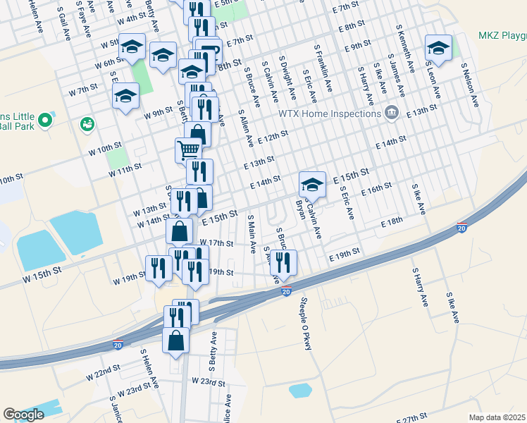 map of restaurants, bars, coffee shops, grocery stores, and more near East 15th Street in Monahans