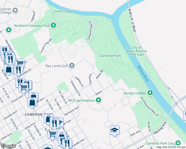 map of restaurants, bars, coffee shops, grocery stores, and more near 3216 Carroll Drive in Waco