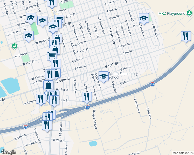 map of restaurants, bars, coffee shops, grocery stores, and more near 1600 South Calvin Avenue in Monahans