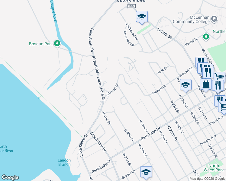 map of restaurants, bars, coffee shops, grocery stores, and more near 2700-2798 Stewart Drive in Waco