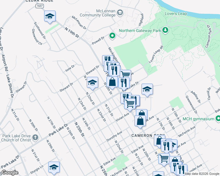 map of restaurants, bars, coffee shops, grocery stores, and more near 3833 North 20th Street in Waco