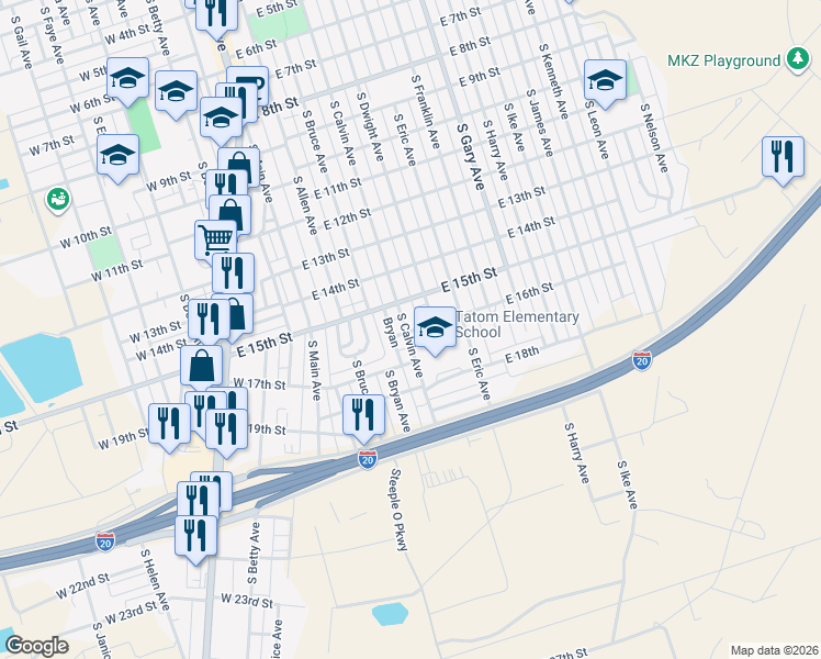 map of restaurants, bars, coffee shops, grocery stores, and more near 1600 South Calvin Avenue in Monahans