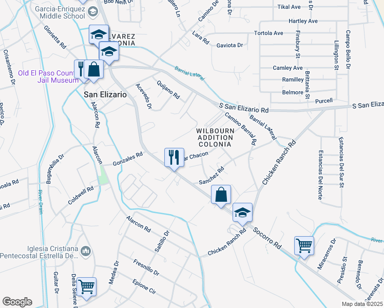 map of restaurants, bars, coffee shops, grocery stores, and more near 1065 Oscar Chacon in San Elizario