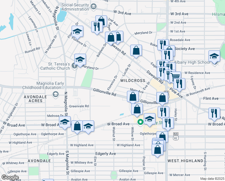 map of restaurants, bars, coffee shops, grocery stores, and more near 402 Florence Drive in Albany
