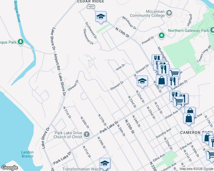 map of restaurants, bars, coffee shops, grocery stores, and more near 4209 North 25th Street in Waco