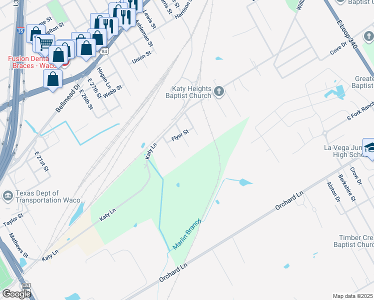 map of restaurants, bars, coffee shops, grocery stores, and more near 202 Carla Street in Waco