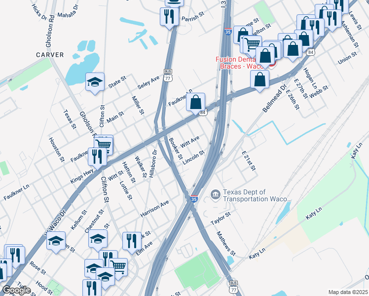 map of restaurants, bars, coffee shops, grocery stores, and more near 620 East Pearl Street in Waco