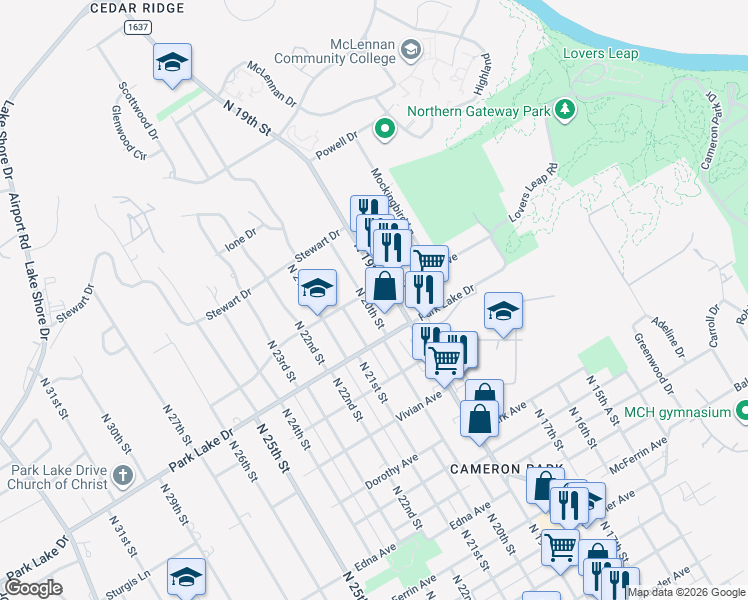 map of restaurants, bars, coffee shops, grocery stores, and more near 3833 N 20th St in Waco