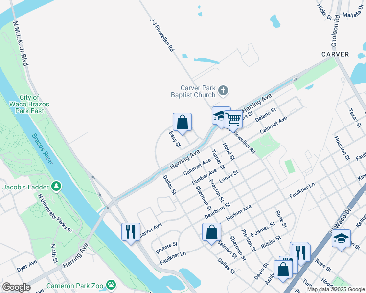 map of restaurants, bars, coffee shops, grocery stores, and more near 2001 Easy Street in Waco