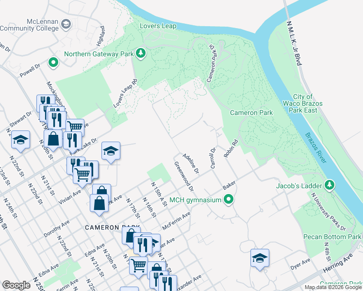 map of restaurants, bars, coffee shops, grocery stores, and more near 3505 Adeline Drive in Waco