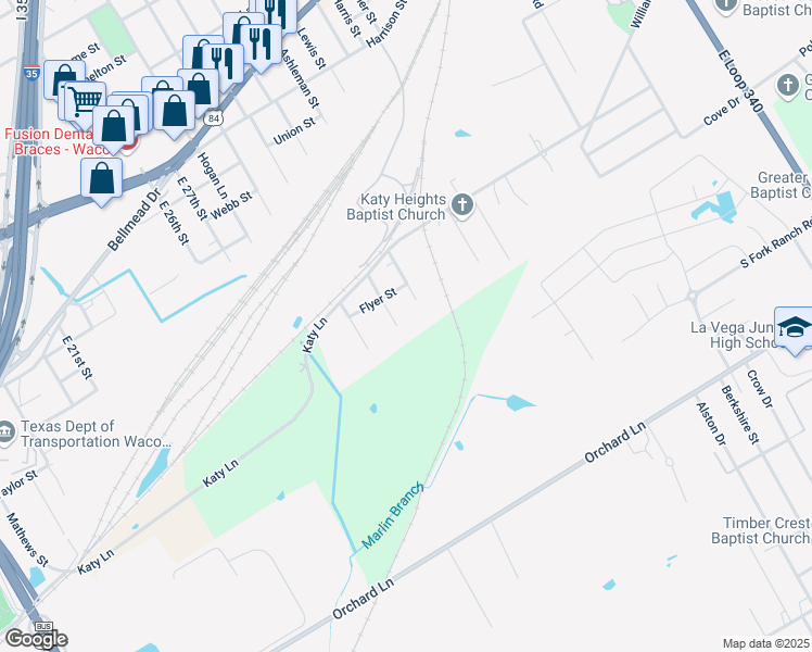 map of restaurants, bars, coffee shops, grocery stores, and more near 202 Carla Street in Waco