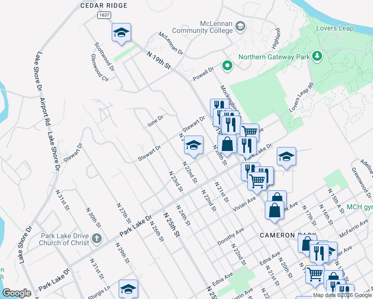 map of restaurants, bars, coffee shops, grocery stores, and more near 3920 North 21st A Street in Waco